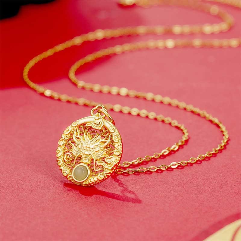 925 Sterling Silver Year Of The Dragon Round Natural Hetian Jade Inlaid Strength Necklace Pendant (Extra 30% Off | USE CODE: FS30)