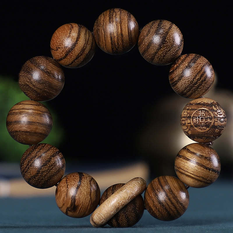 Chinese Zodiac Rosewood Green Sandalwood Ebony Wood Copper Coin Carved Calm Bracelet