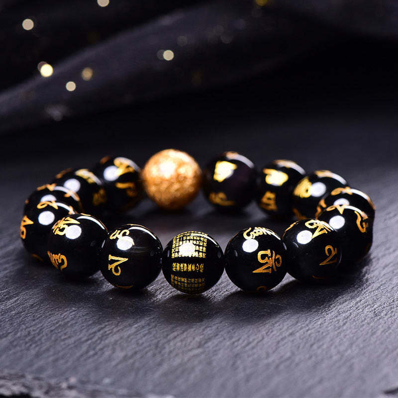 Six True Words Om Mani Padme Hum Rainbow Obsidian Gold Foil Creativity Bracelet