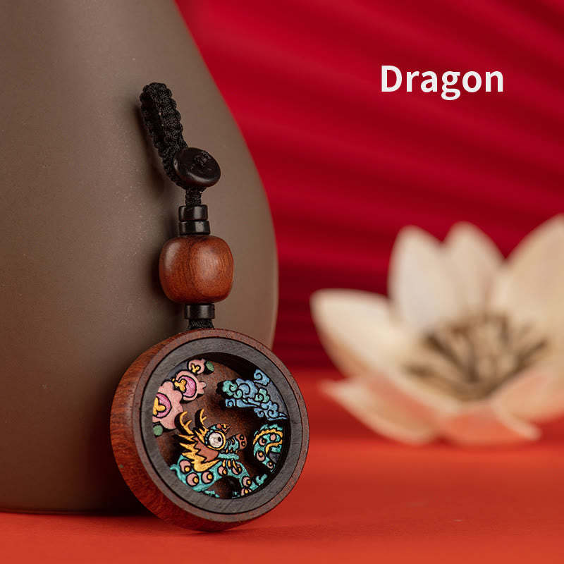 Year Of The Dragon Hand Painted Chinese Zodiac Rosewood Carved Calm Key Chain
