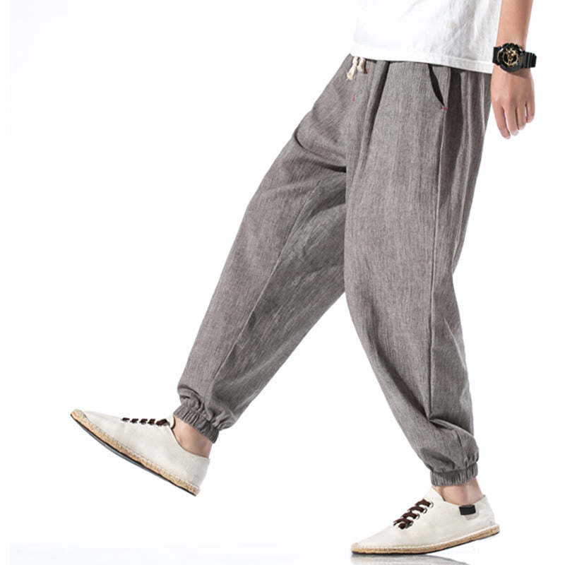 Casual Solid Color Drawstring Linen Men's Pants With Pockets