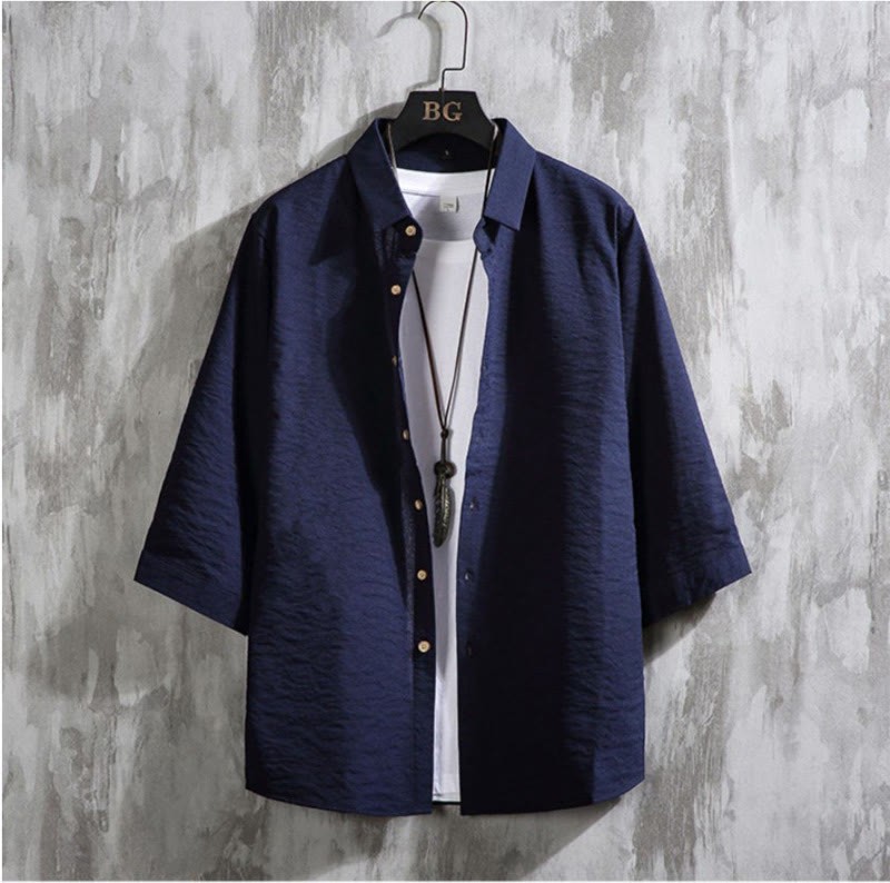 Casual Solid Color Front Button Three Quarter Sleeves Men's Shirt
