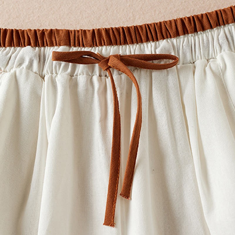 Wild Simple Design Embroidery Drawstring Cotton Linen Women's Shorts With Pockets