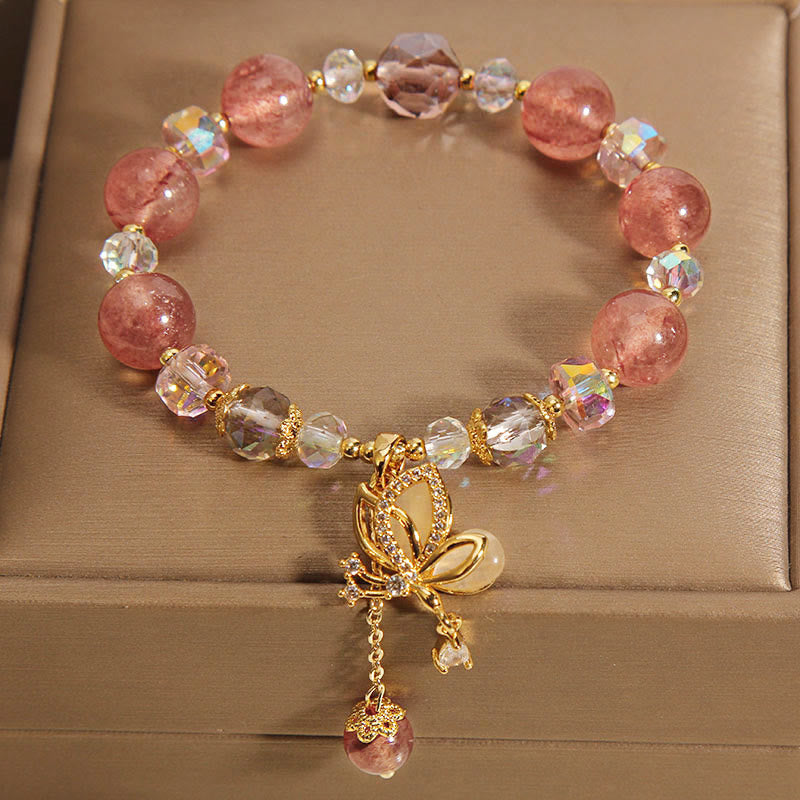 Natural Strawberry Quartz Healing Positive Butterfly Charm Bracelet