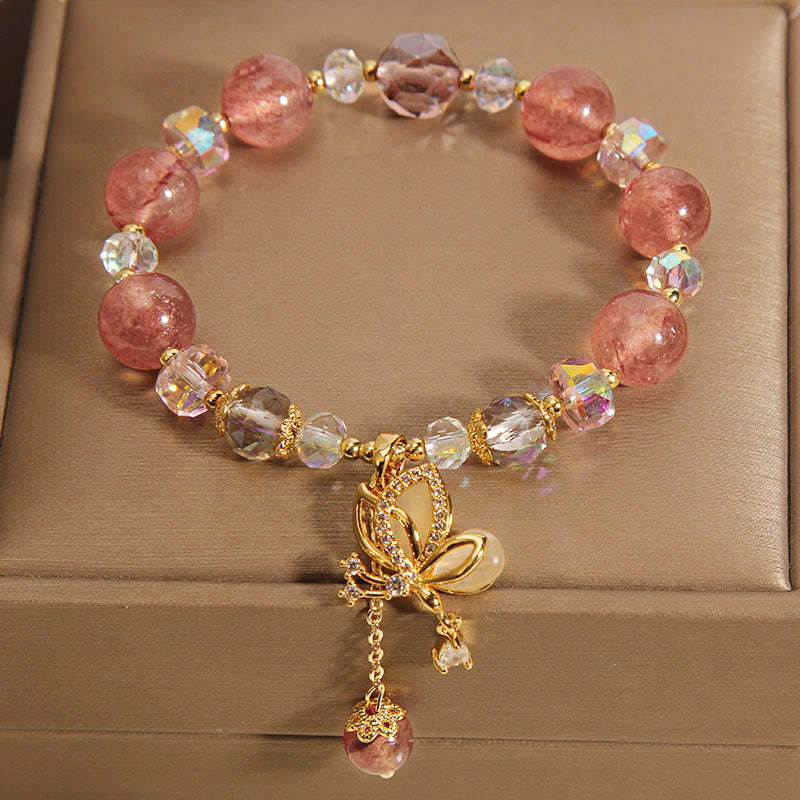 Natural Strawberry Quartz Healing Positive Butterfly Charm Bracelet