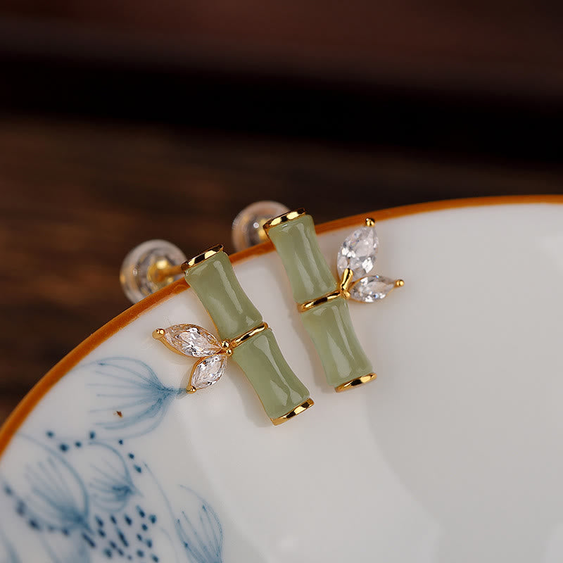 925 Sterling Silver Hetian Cyan Jade White Jade Red Agate Bamboo Pattern Luck Stud Earrings