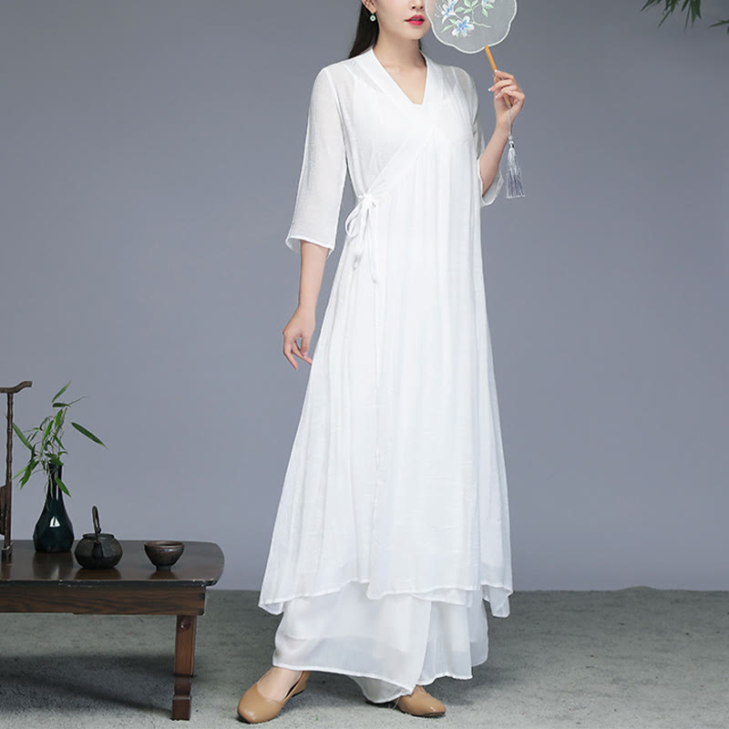 Hanfu Style Midi Dress Wide Leg Pants Meditation Zen Practice Yoga Dance Clothing