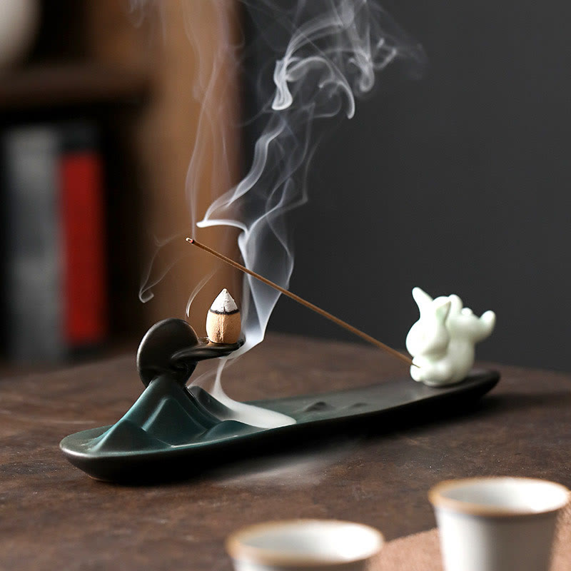 Moon Rabbit PiXiu Mountain Healing Ceramic Stick Incense Burner Decoration