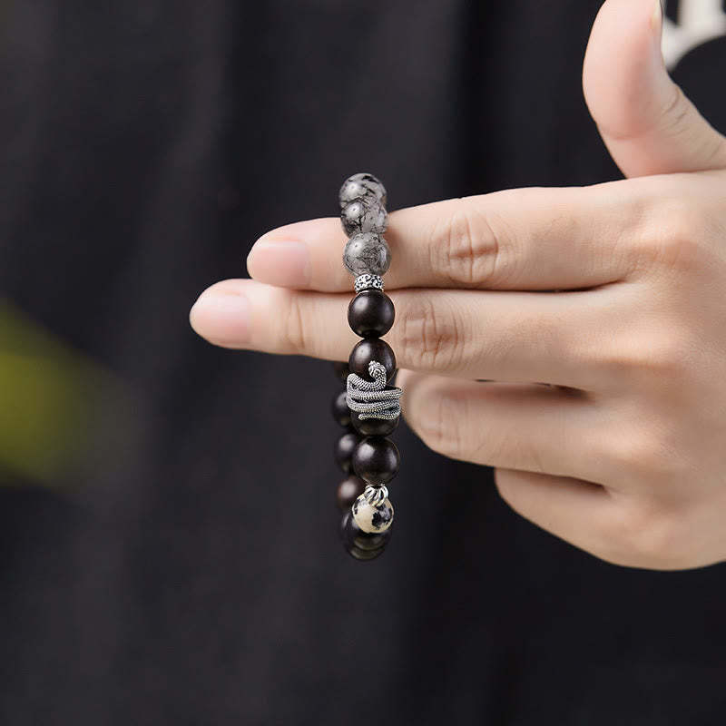 Ebony Wood Black Rutilated Quartz 925 Sterling Silver Year Of The Snake Balance Bracelet