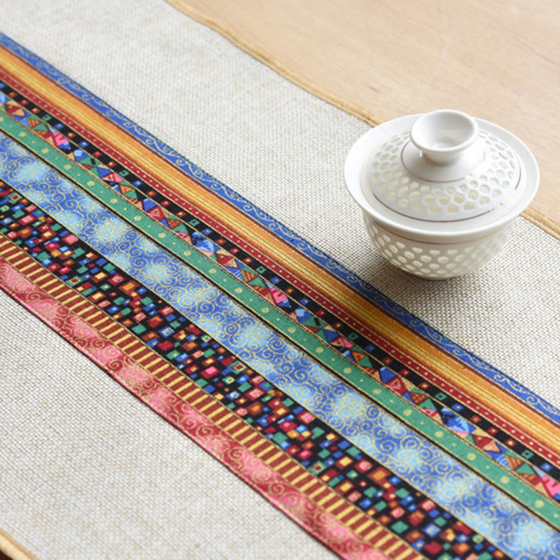 Classic Chinese Style Lotus Koi Fish Flower Crane Calligraphy Enlightenment Cotton Linen Tassels Table Runner