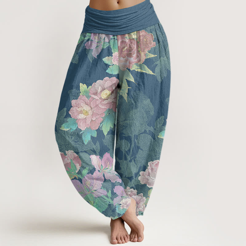 Big Pink Peonies Green Leaves Women's Elastic Waist Harem Pants