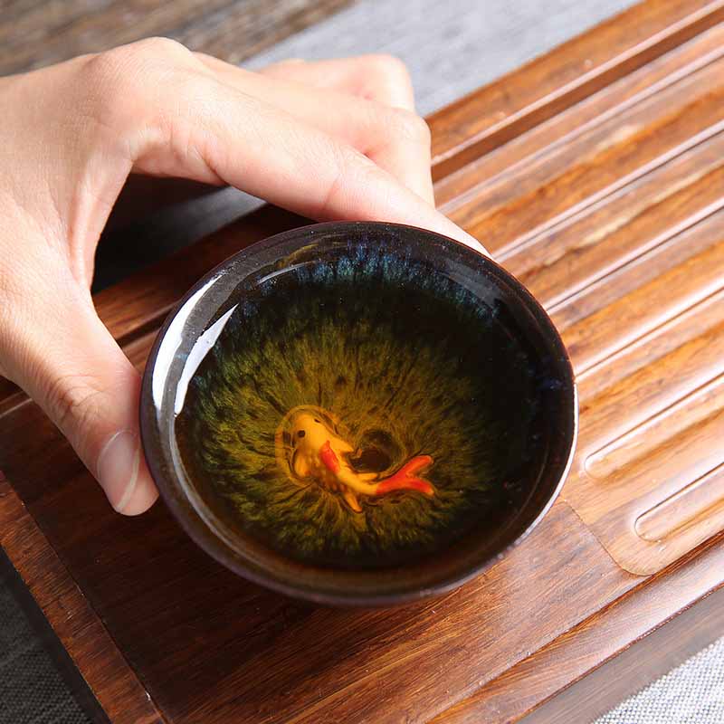 Small Koi Fish Blue Kiln Change Chinese Jianzhan Ceramic Teacup Kung Fu Tea Cup 75ml