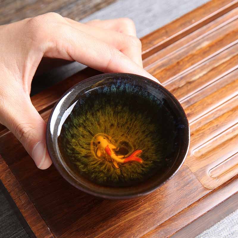 Small Koi Fish Blue Kiln Change Chinese Jianzhan Ceramic Teacup Kung Fu Tea Cup 75ml