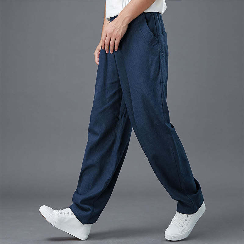 Plain Color Elastic Waist Ramie Linen Men's Pants With Pockets