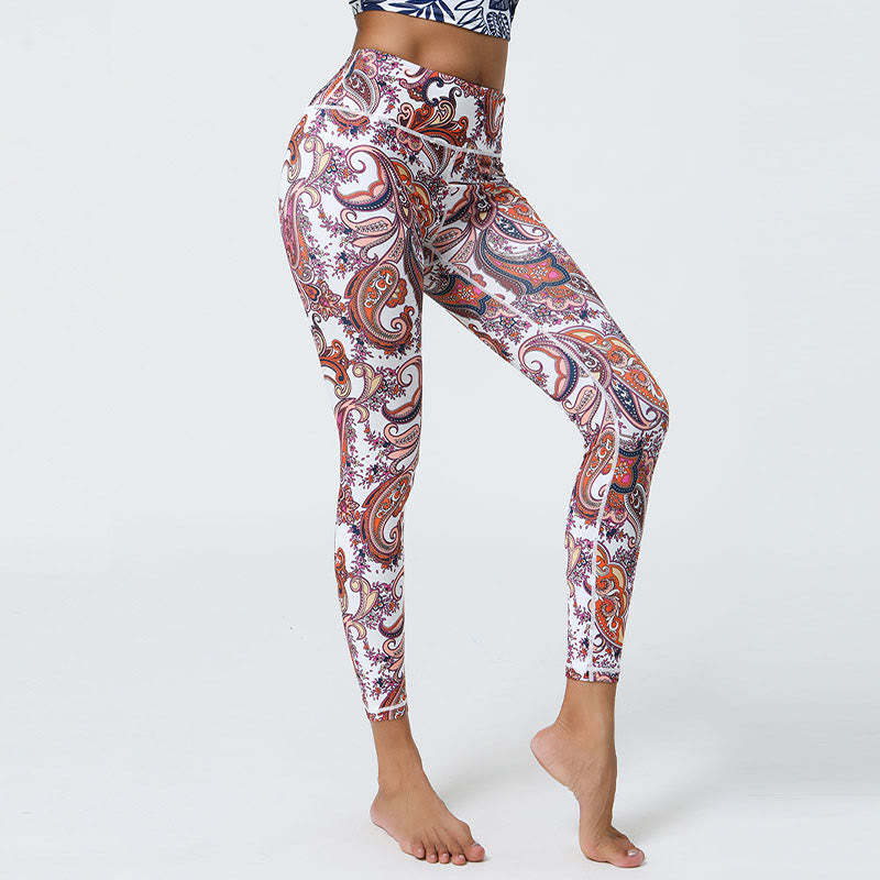 Flowers Feathers Sun Moon Print Sports Fitness Yoga High Waist Leggings Women's Pants