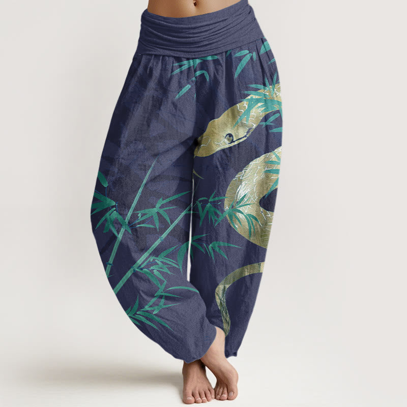 Snake Surrounding Bamboo Pattern Women's Elastic Waist Harem Pants