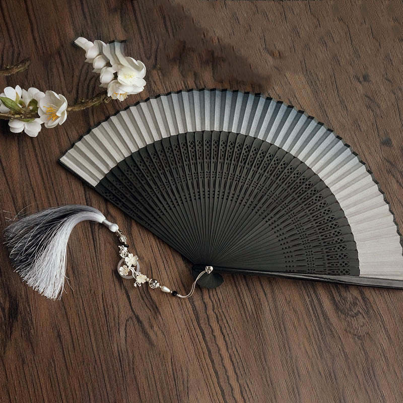 Ink Gradient Hollow Rib Plum Bossom Tassel Silk Handheld Bamboo Folding Fan