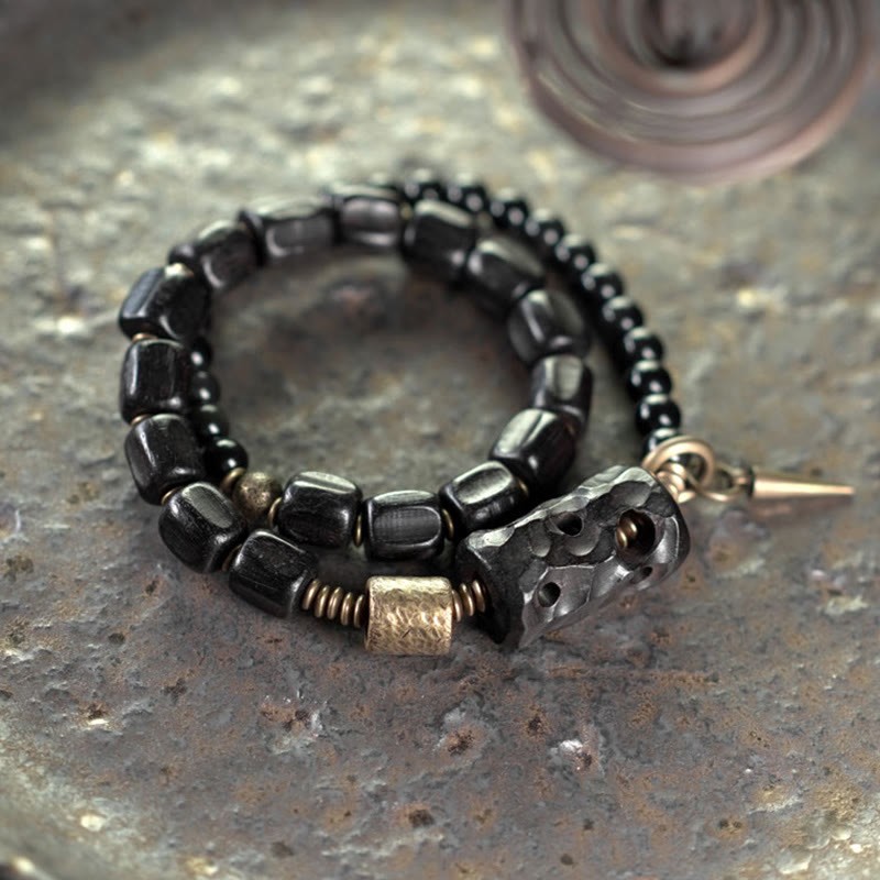 Ebony Wood Black Obsidian Copper Brass Peace Double Wrap Bracelet