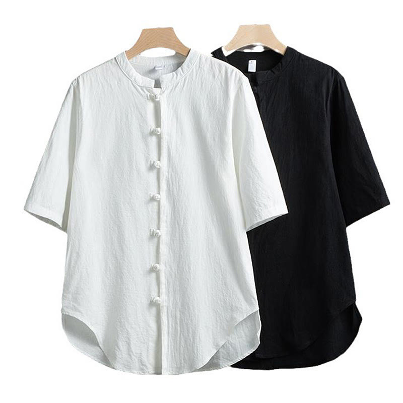 Frog-Button Plain Chinese Tang Suit Short Sleeve Shirt Cotton Linen Men Clothing