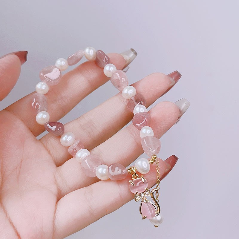 Natural Strawberry Quartz Pearl Cat Positive Bracelet