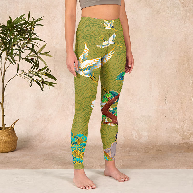 Flying Cranes Auspicious Clouds Trees Print Gym Leggings Women's Yoga Pants