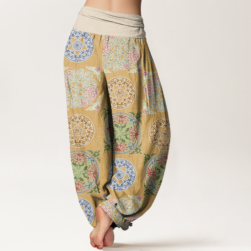 Round Shapes Chinese Floral Pattern Design Women's Elastic Waist Harem Pants