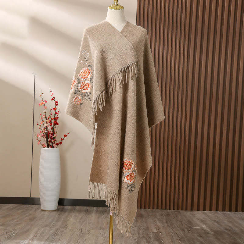 Wool Shawl Red Peony Embroidery Tassel Winter Cozy Travel Scarf Wrap