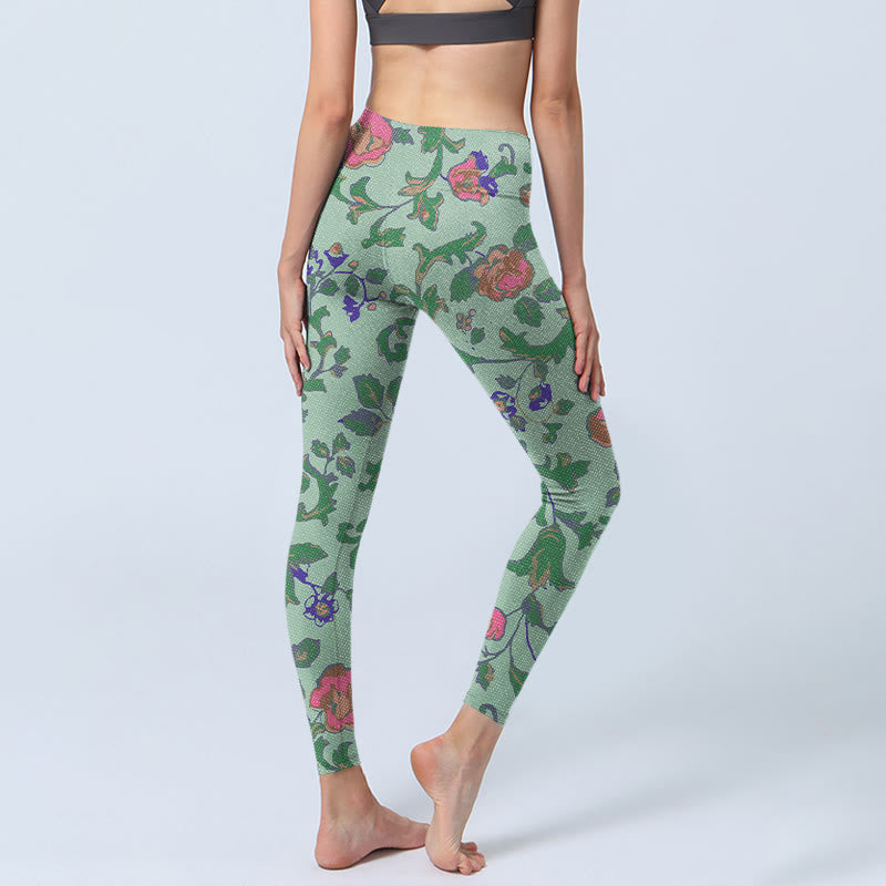 Green Red Roses Green Leaves Print Gym Leggings Women's Yoga Pants