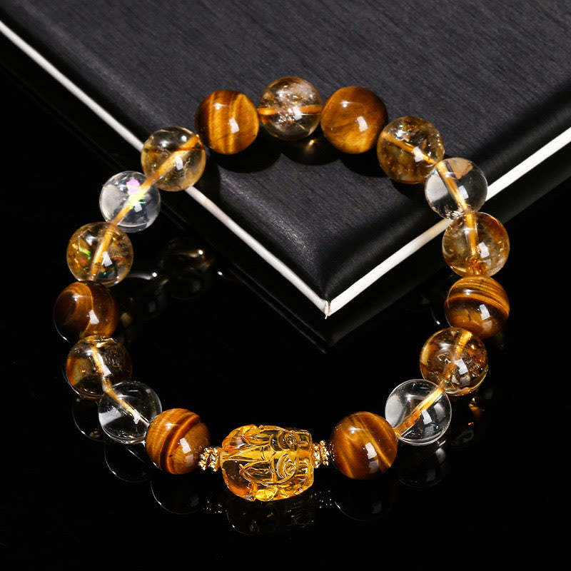 Natural Yellow Tiger Eye Citrine Beeswax Pixiu Strength Bracelet