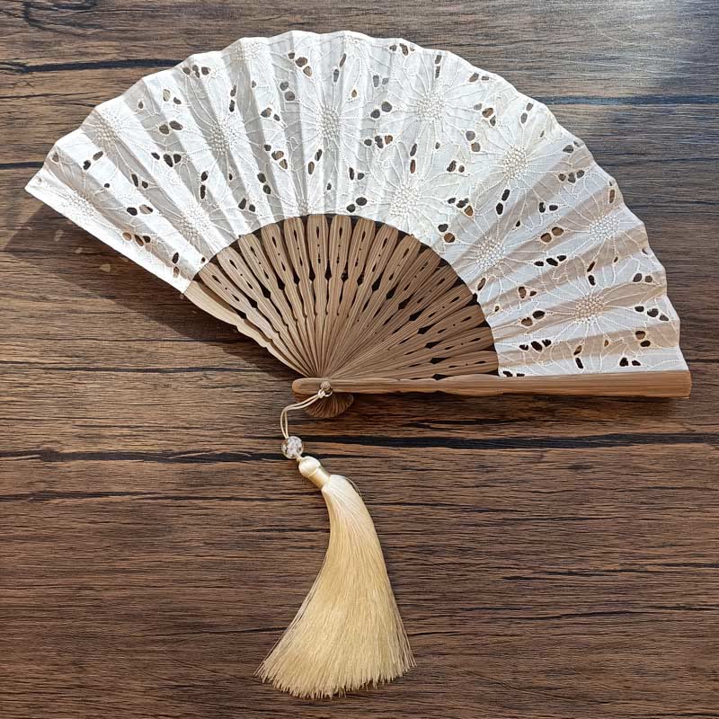 Solid Color Hollow Flowers Embroidery Cotton Fabric Handheld Bamboo Folding Fan