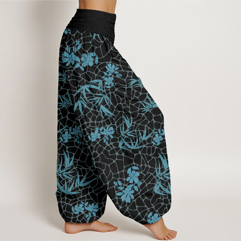 Bamboo Flowers Pattern Women's Elastic Waist Harem Pants