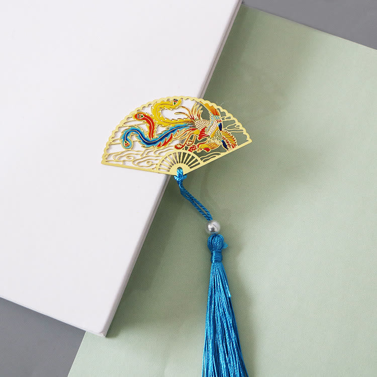 Traditional Butterfly Lotus Flower Crane Dragon Phoenix Fox Koi Fish New Beginning Metal Brass Hollow Fan Bookmarks