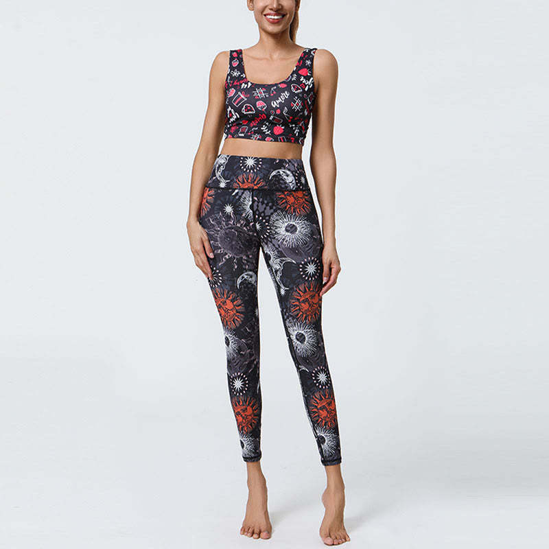 Flowers Feathers Sun Moon Print Sports Fitness Yoga High Waist Leggings Women's Pants