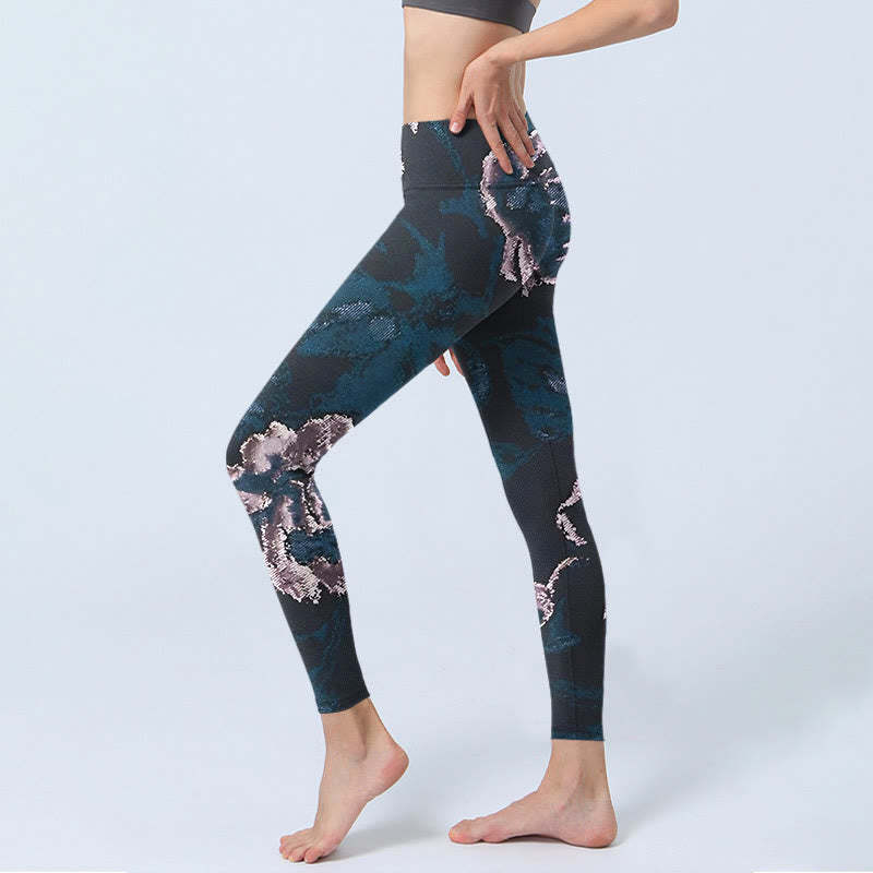 SteelBlue Silver Flowers Print Exercise Leggings Women's Yoga Pants