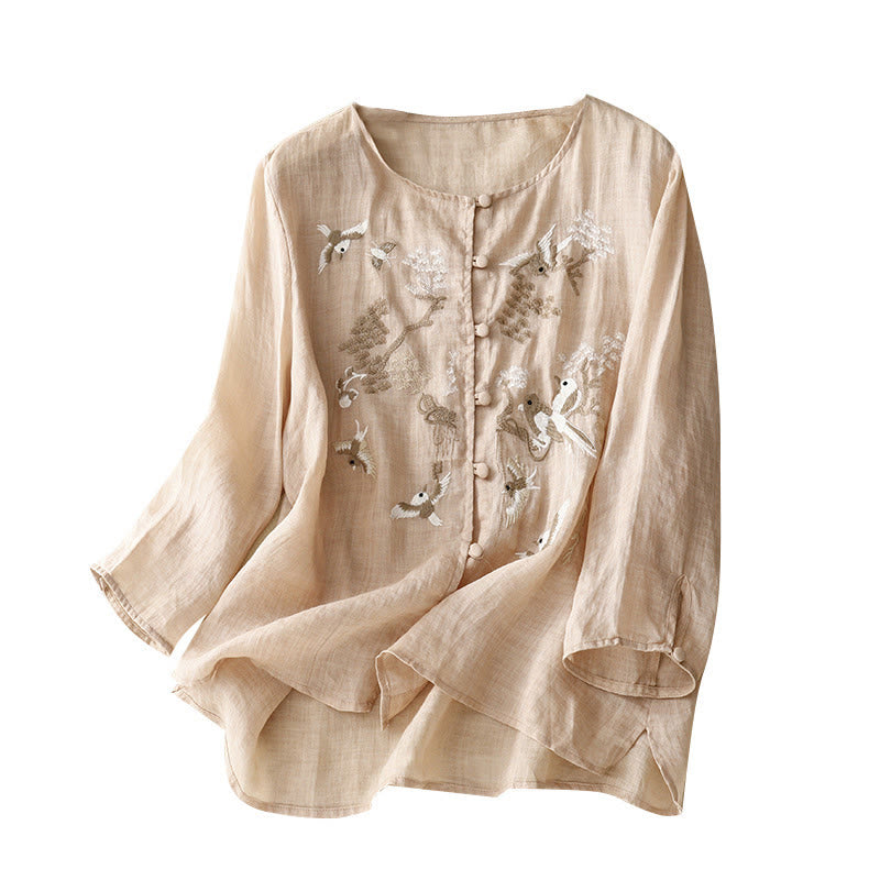 Round Neck Casual Blouse Embroidery Long Sleeve Shirt Cotton Linen Top Women's Shirts