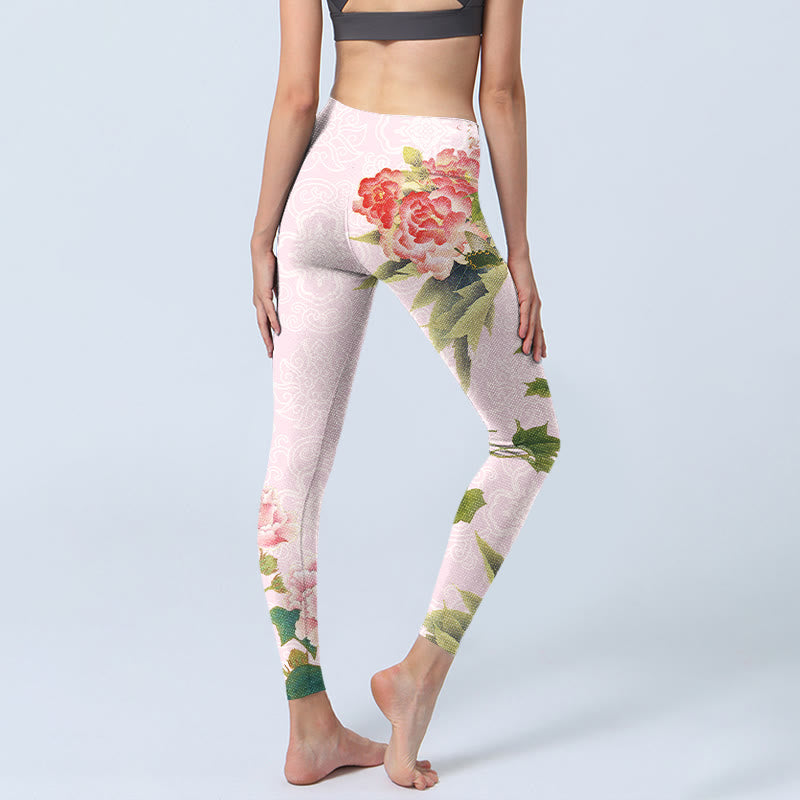Hibiscus Flowers And Leaves Print Gym Leggings Women's Yoga Pants