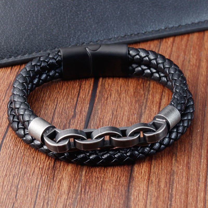 Chain Design Titanium Steel Balance Leather Braided Buckle Bracelet