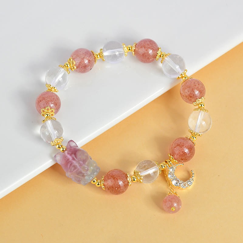 Natural White Strawberry Quartz Crystal Healing Love Nine-tailed Fox  Moon Pendant Bracelet
