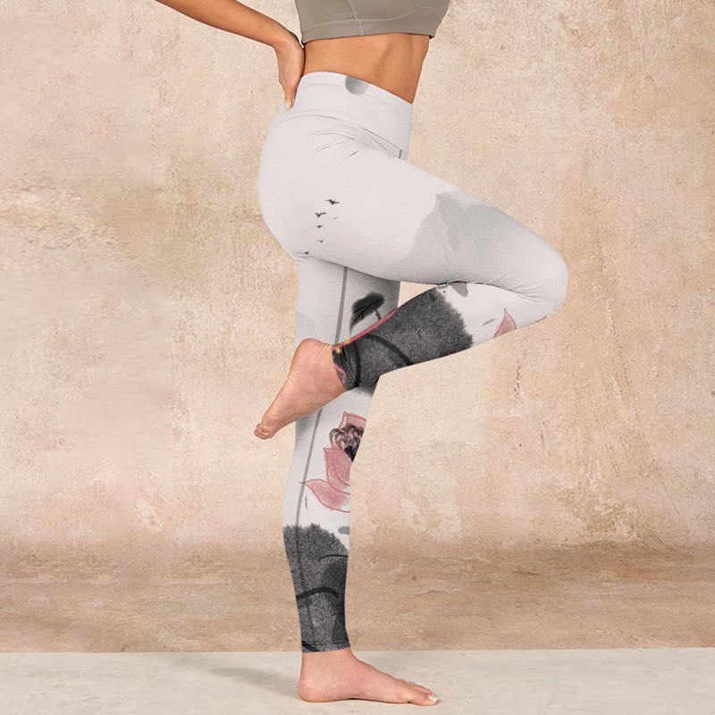 Ink Painting Lotus Flower Leaf Print Gym Fitness Leggings Women's Yoga Pants