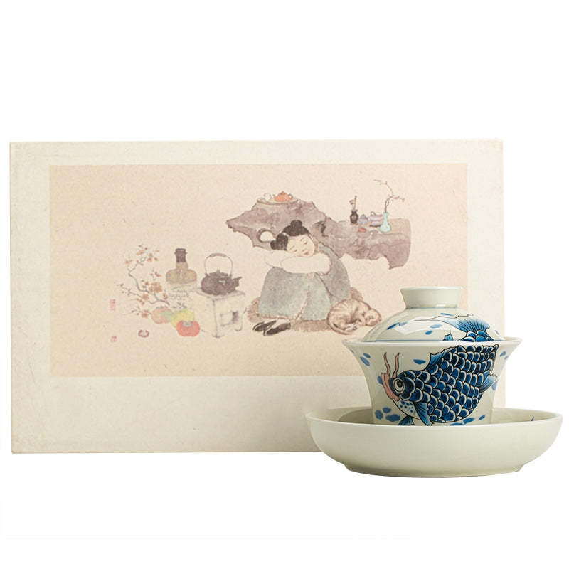 Koi Fish Arowana Ceramic Gaiwan Sancai Teacup Kung Fu Tea Cup With Lid 130ml