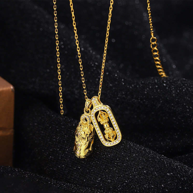 999 Sterling Silver Golden Pixiu Copper Coin Vajra Wealth Necklace Pendant