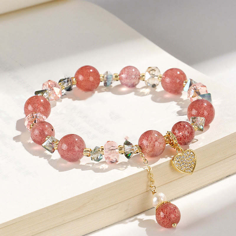 Strawberry Quartz White Crystal Pearl Liuli Heart Healing Bracelet