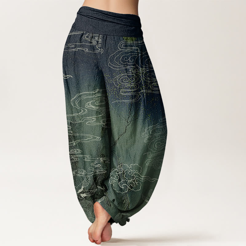 White Auspicious Clouds Birds Tree Pattern Women's Elastic Waist Harem Pants