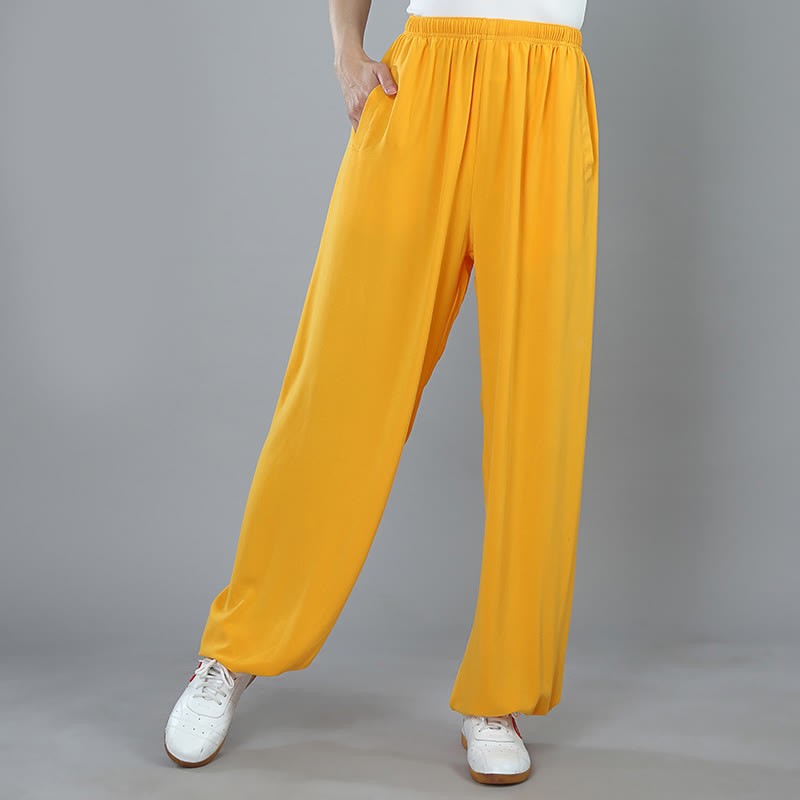 Summer Unisex Elastic Waist Tai Chi Kung Fu Qigong Practice Cotton Breathable Pants With Pockets
