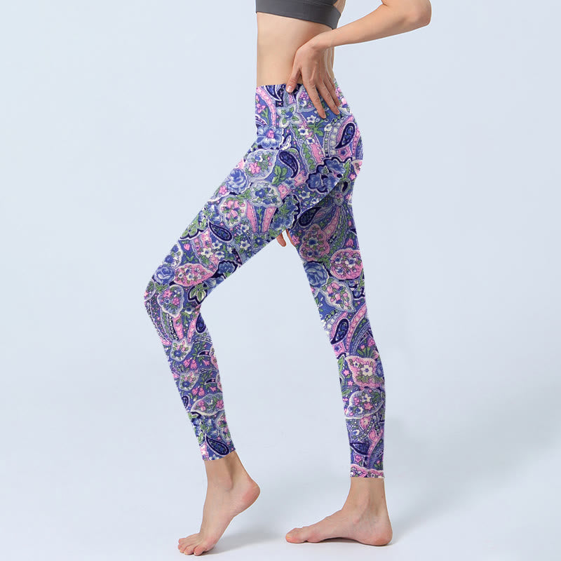 Purple Pink Cashew Flower Print Gym Fitness Leggings Women's Yoga Pants