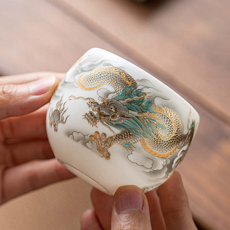 Dragon Phoenix Auspicious Clouds Ceramic Teacup Kung Fu Tea Cup With Gift Box