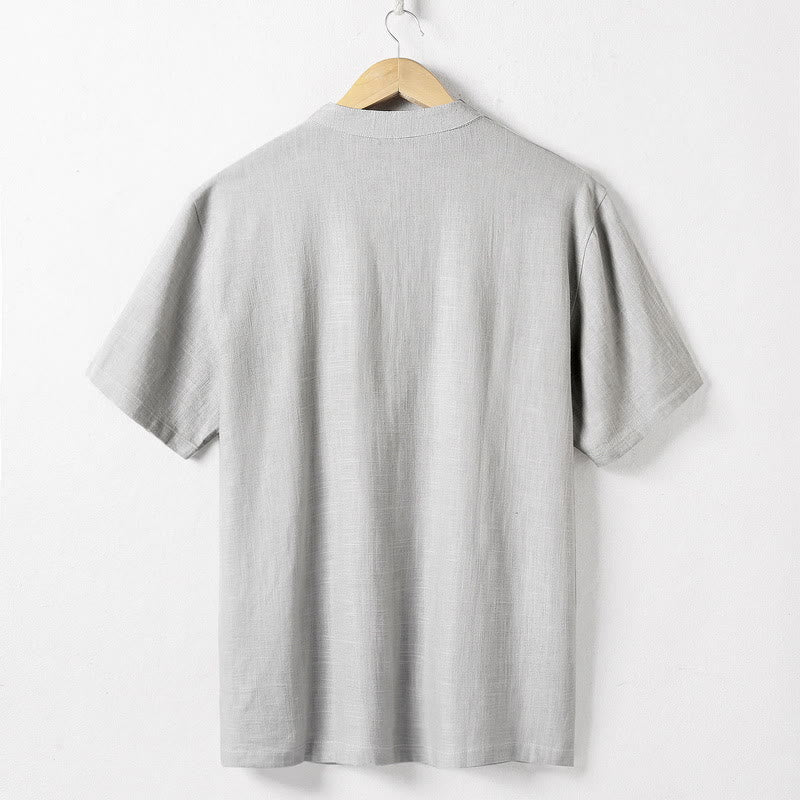 Loose Men's Shirt Solid Color Notched Neck Top Short Sleeve Comfy Button Breathable Cotton Linen Shirt