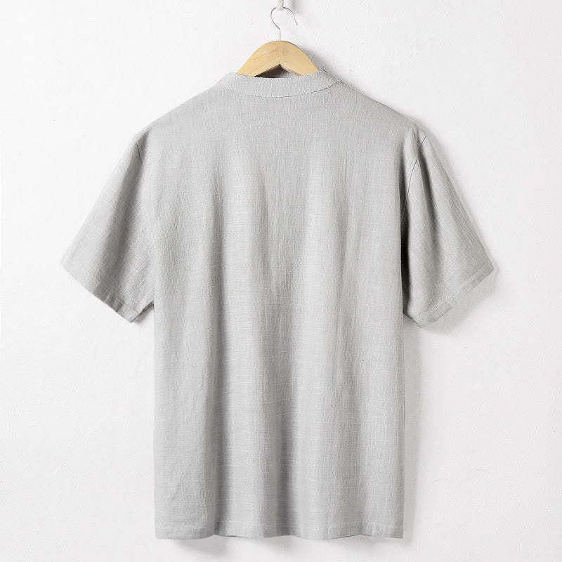 Loose Men's Shirt Solid Color Notched Neck Top Short Sleeve Comfy Button Breathable Cotton Linen Shirt