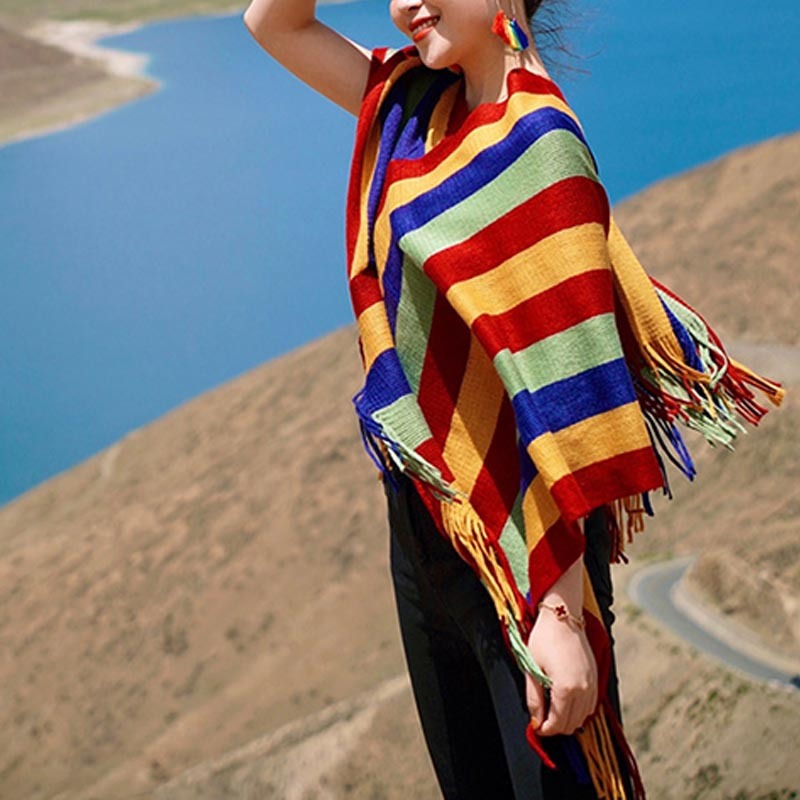 Tibetan Colorful Striped Design Shawl Tassels Pullover Winter Cozy Travel Scarf Wrap
