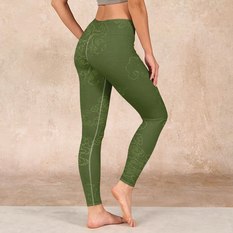 Green Auspicious Cloud Waves Print Gym Leggings Women's Yoga Pants